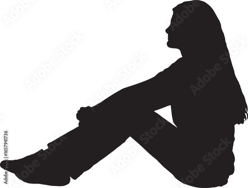vector,silhouette side view of a teen girl sitting on the floor