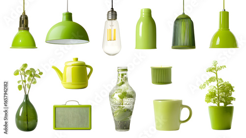 Collection of green objects and lighting fixtures isolated on transparent background