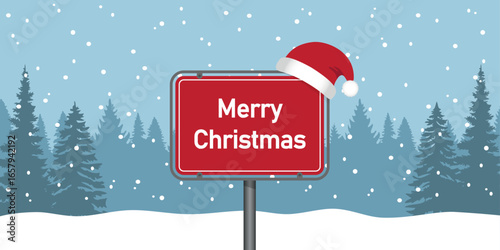 merry christmas place sign in snowy winter landscape vector illustration