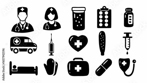 Medical icons in a bold, clean style for healthcare design and branding, originally a scalable vector graphic