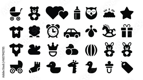 Black and white silhouette icons for babies and children on a white background baby