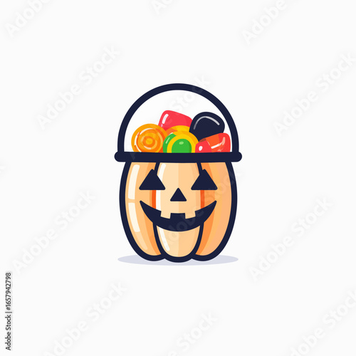 Cartoon Pumpkin Bucket Filled with Colorful Halloween Candies Illustration
