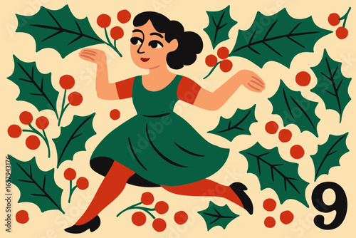 Nine ladies dancing. The twelve days of Christmas. English Christmas carol. Ninth day. Vector isolated illustration