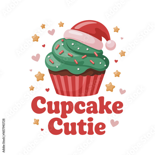 фотографія Cupcake cutie bold lettering Santa hat cupcake, kids Christmas poster card tshir