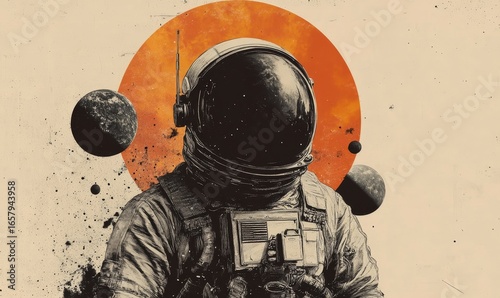 Space exploration collage art, with an astronaut surrounded by celestial bodies, representing humanitys venture into the vast universe, inspiring the imagination and awe of the cosmos, Generative AI