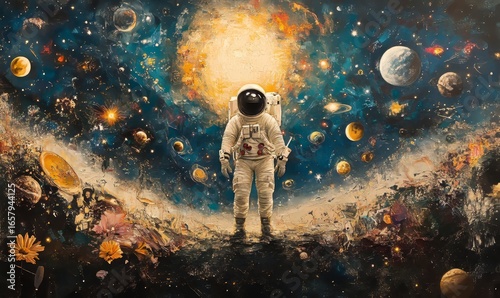 Space exploration collage art, with an astronaut surrounded by celestial bodies, representing humanitys venture into the vast universe, inspiring the imagination and awe of the cosmos, Generative AI