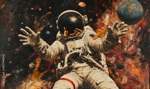 Space exploration collage art, with an astronaut surrounded by celestial bodies, representing humanitys venture into the vast universe, inspiring the imagination and awe of the cosmos, Generative AI