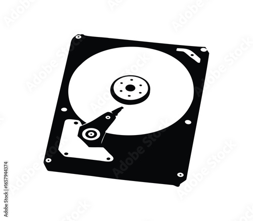 Monochrome depiction of a hard drive disk with its components visible, Hard drive disk silhouette vector illustration