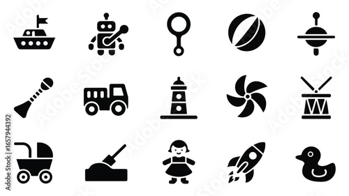 Collection of Childrens Toy Icons in Black Silhouette ship robot