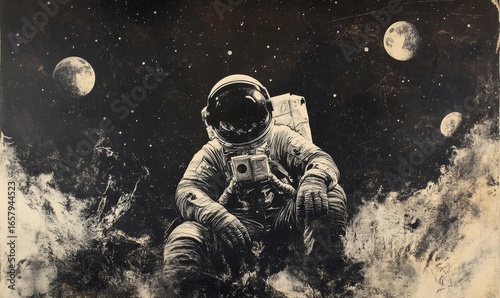 Space exploration collage art, with an astronaut surrounded by celestial bodies, representing humanitys venture into the vast universe, inspiring the imagination and awe of the cosmos, Generative AI