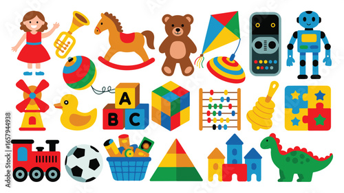 Diverse Array of Colorful Children's Toys and Figures in a Grid Layout collection