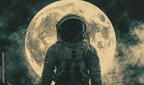 Collage art depicting space exploration, featuring an astronaut in full gear with the moon looming large in the background, symbolizing human curiosity and the desire to explore, Generative AI