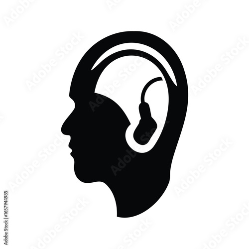 Silhouette of head with hearing aid device in the ear canal, A man with wearing headphone silhouette vector illustration