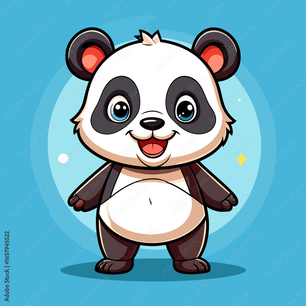 Fototapeta premium Cute Cartoon Baby Panda Standing with Happy Smile and Bright Blue Eyes