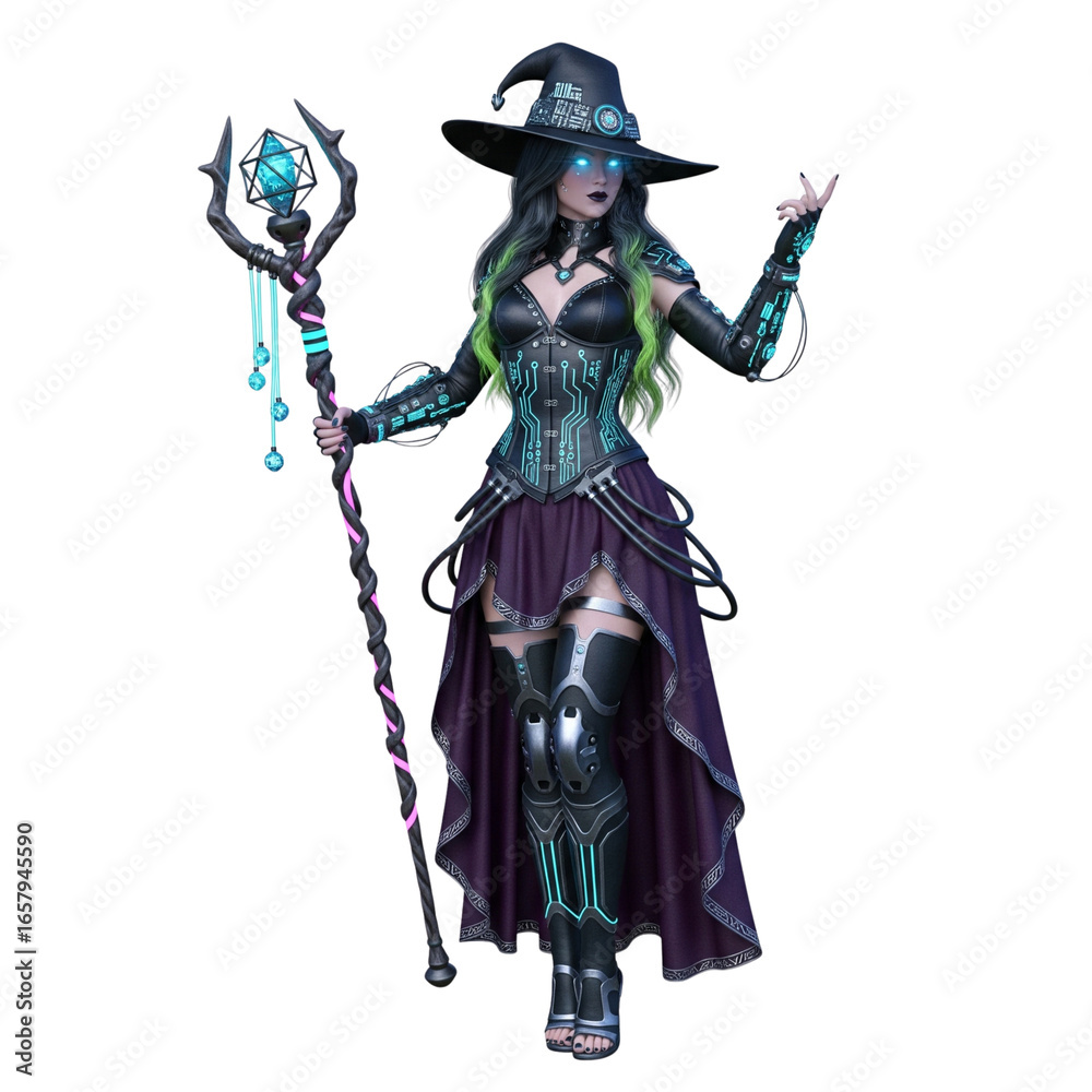 Fototapeta premium 3d illustration of a modern cyber gothic style witch woman, isolated on white