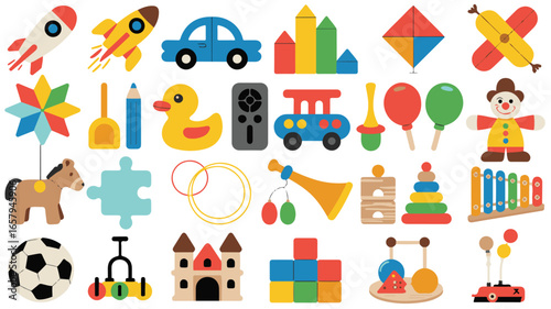 Collection of colorful flat design children's toys and games on a white background rocket blocks