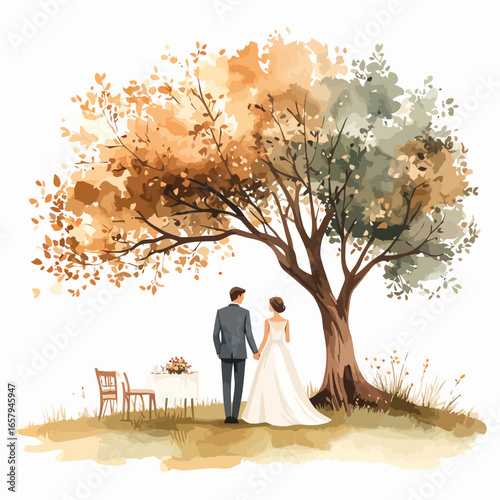 Romantic watercolor illustration of a newlywed couple holding hands under a large tree with autumn and green foliage.