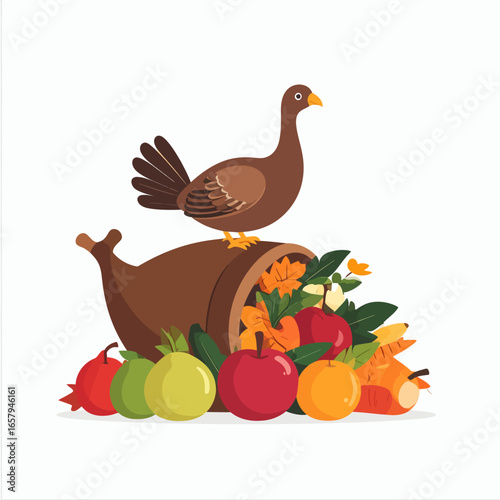 Cartoon Turkey Perched on a Cornucopia Filled with Harvest Fruits