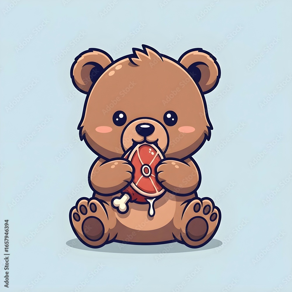 Naklejka premium Cute bear holding a piece of meat