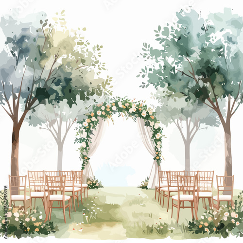 Watercolor Outdoor Wedding Ceremony Venue with Elegant Floral Arch and Seating