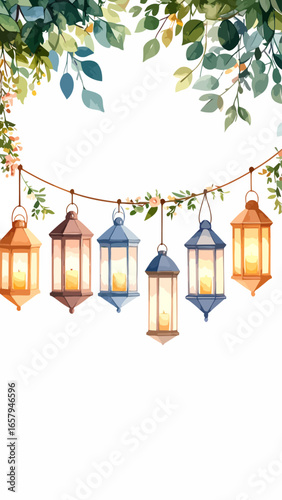 Six illuminated lanterns hanging from a vine with green leaves and small flowers