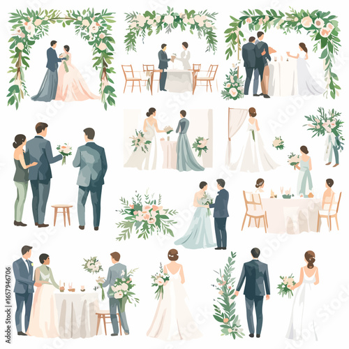 Watercolor style wedding illustration set with bride and groom characters, guests, and elegant floral decorations.