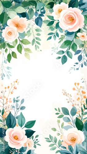 Delicate Peach Roses and Lush Greenery Border Design