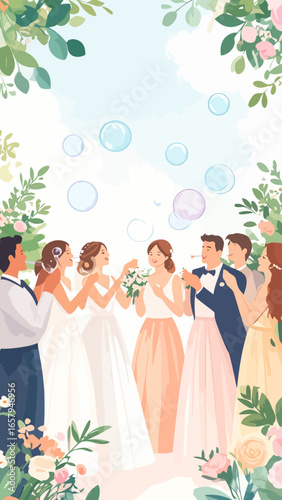 Joyful Wedding Party Blowing Bubbles Amidst Floral Decorations