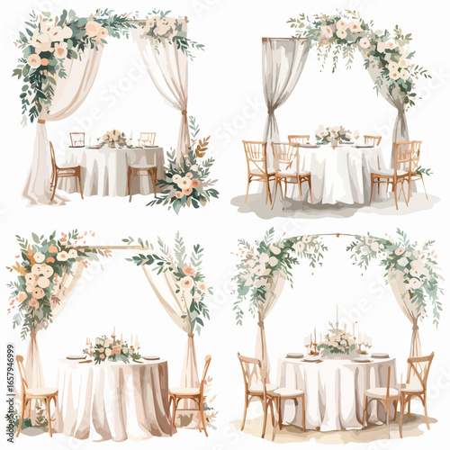Collection of Elegant Watercolor Wedding Reception Tables with Floral Arches and Drapes