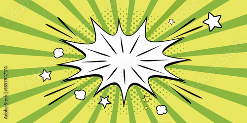 A vibrant comic book-style explosion graphic.  Bright, lime green radiating outward from a central white burst.  The background is filled with radiating lines and a dotted effect, adding to the dynami