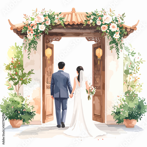 Watercolor Illustration of a Newlywed Couple Walking Through Archway