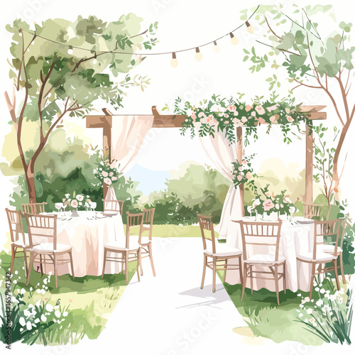 Watercolor Illustration of Elegant Wedding Reception Tables and Chairs