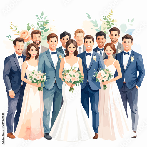 Joyful Wedding Party Posed with Bride and Groom Holding Bouquets