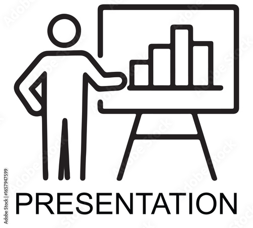 Person presenting a bar chart on an easel with the word presentation