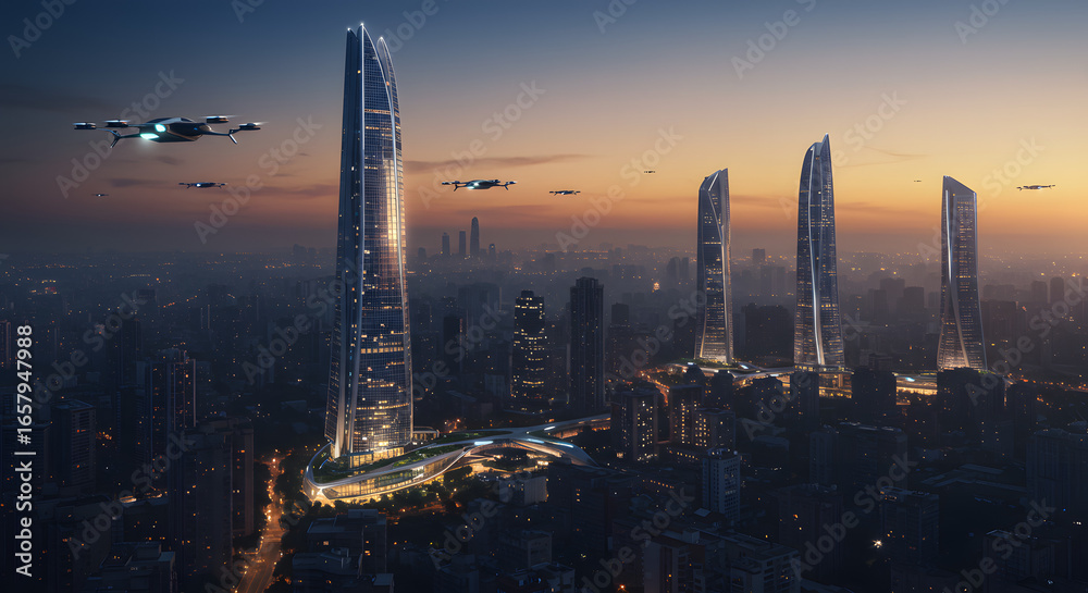 Obraz premium Futuristic Cityscape at Twilight with Autonomous Drones and Illuminated Modern Skyscrapers