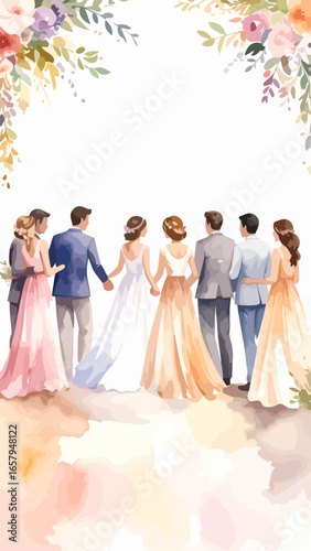 Watercolor illustration of a wedding party from behind, featuring two brides holding hands with grooms and bridesmaids.