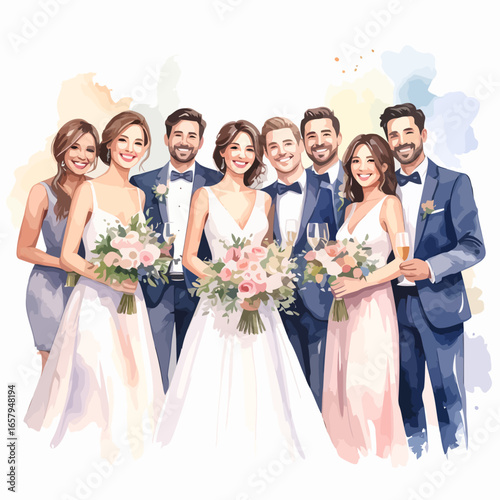 Happy Wedding Party Group with Two Brides, Two Grooms, and Bridesmaids, Holding Bouquets and Champagne, Watercolor Illustration