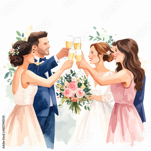 Watercolor Illustration of Wedding Party Toasting Champagne Glasses Joyfully