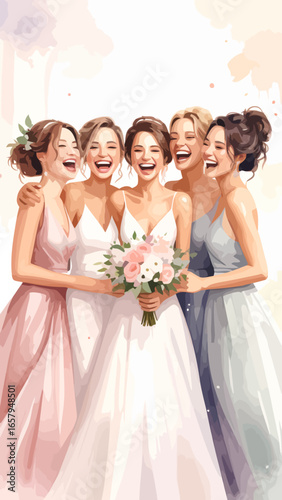 Watercolor Bridesmaids Laughing Together, Holding Bouquet, Wedding Celebration