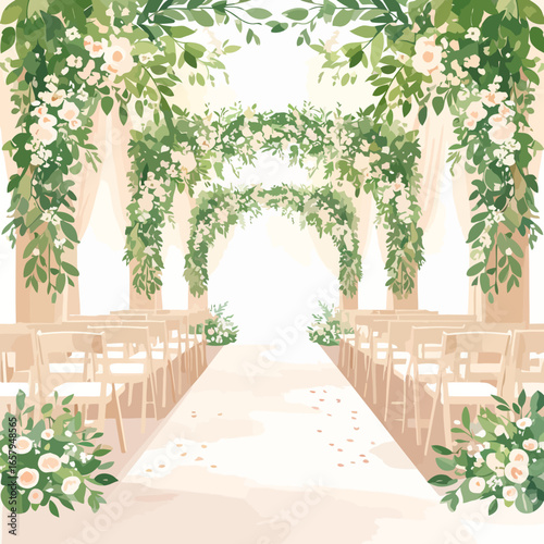 Elegant Wedding Ceremony Venue Decorated with Lush Greenery and White Flowers