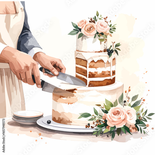 Newlyweds' hands jointly cutting a three-tiered semi-naked wedding cake adorned with blush roses.