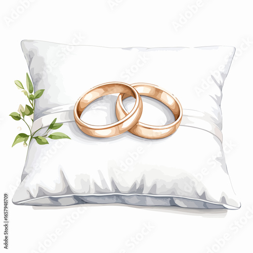 Elegant Gold Wedding Rings Resting on a White Pillow with Greenery