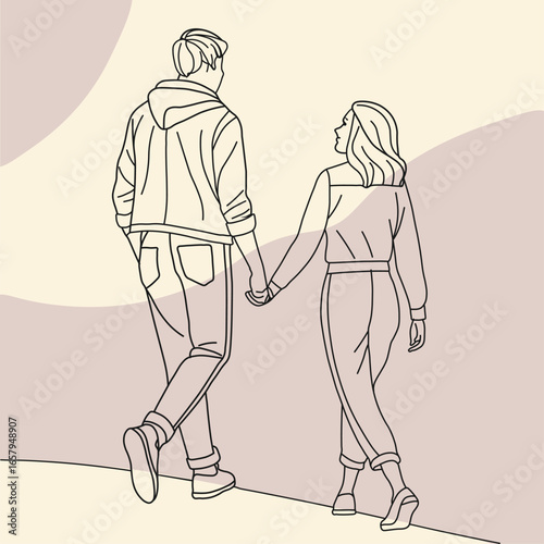 Continuous single line drawing of a couple walking hand in hand, line art vector illustration