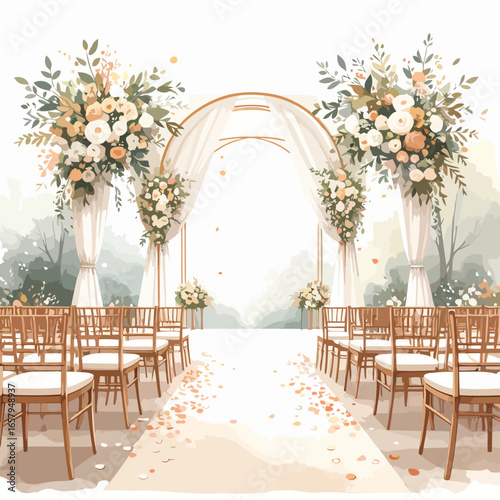 Watercolor Wedding Ceremony Venue with Floral Arch and Seating