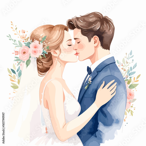 Watercolor bride and groom kissing, soft romantic illustration with floral hairpiece and blue suit.