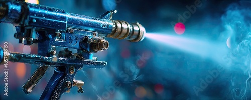 Close-up of a vibrant blue industrial spray gun in action, emitting a stream of material against a smoky, out-of-focus background