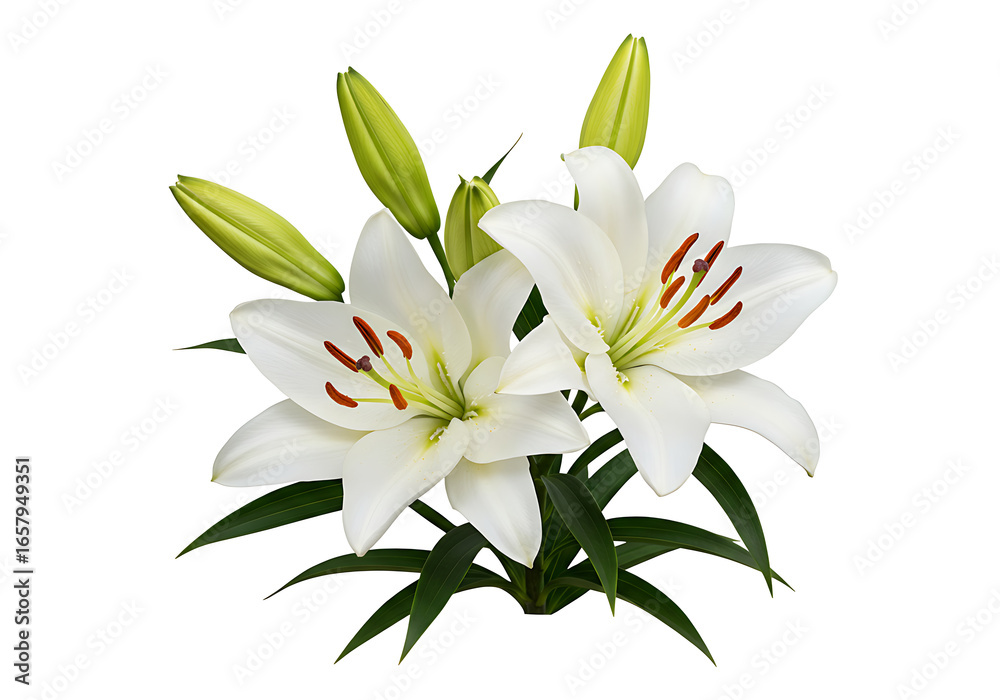 Fototapeta premium White lilies with green buds and leaves floral blooming