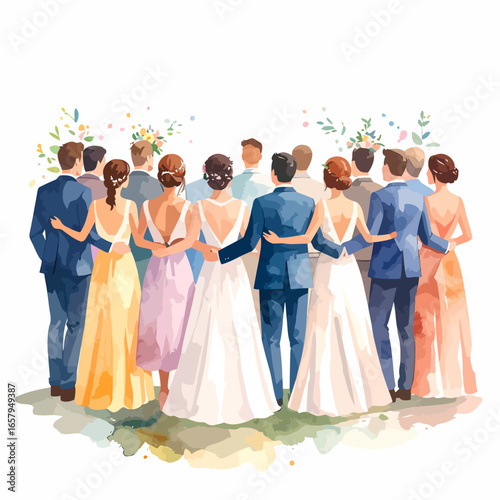 Wedding Party Group Back View in Formal Attire