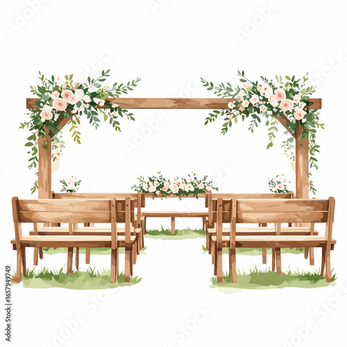 Rustic outdoor wedding ceremony arch with pink roses, green foliage, and wooden benches on grass.