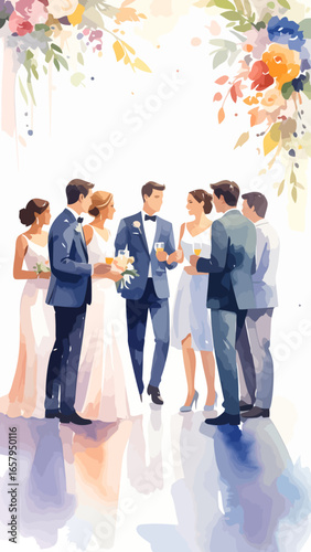 Watercolor Wedding Party Gathering in Formal Attire